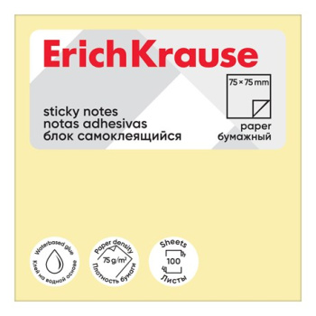 Блок бумажный Erich Krause самоклеящийся желтый 75x75мм, 100л