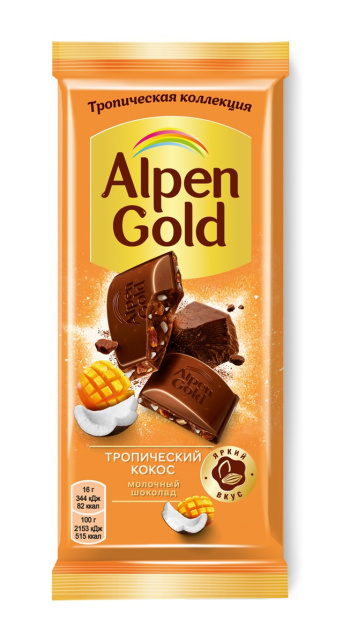 Шоколад "Alpen Gold" Тропический кокос, манго, ананаса, маракуйи, 80 гр.